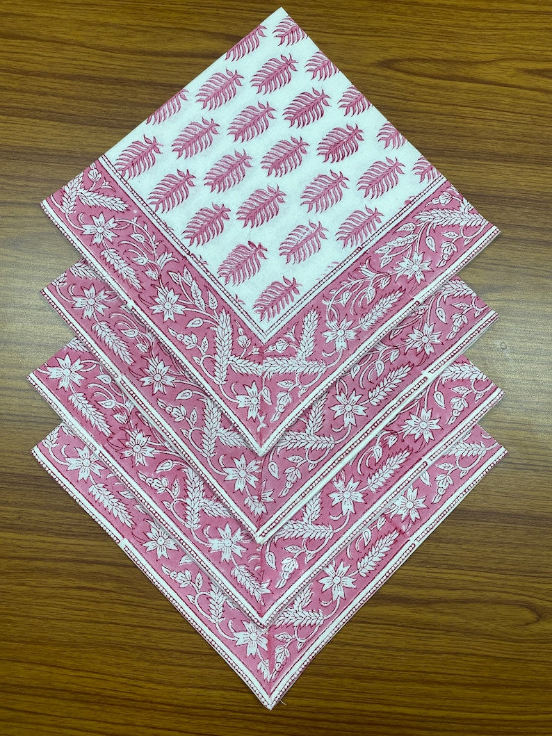 Taffy Pink Indian Floral Hand Block Printed Cotton Border Napkins Size 20x20