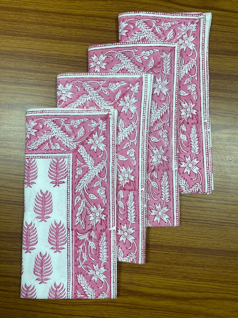 Fabricrush Taffy Pink Indian Floral Hand Block Printed Cotton Cloth Border Napkins Size 20x20" Wedding Events Home Party Restaurant, Gift for her, gifts