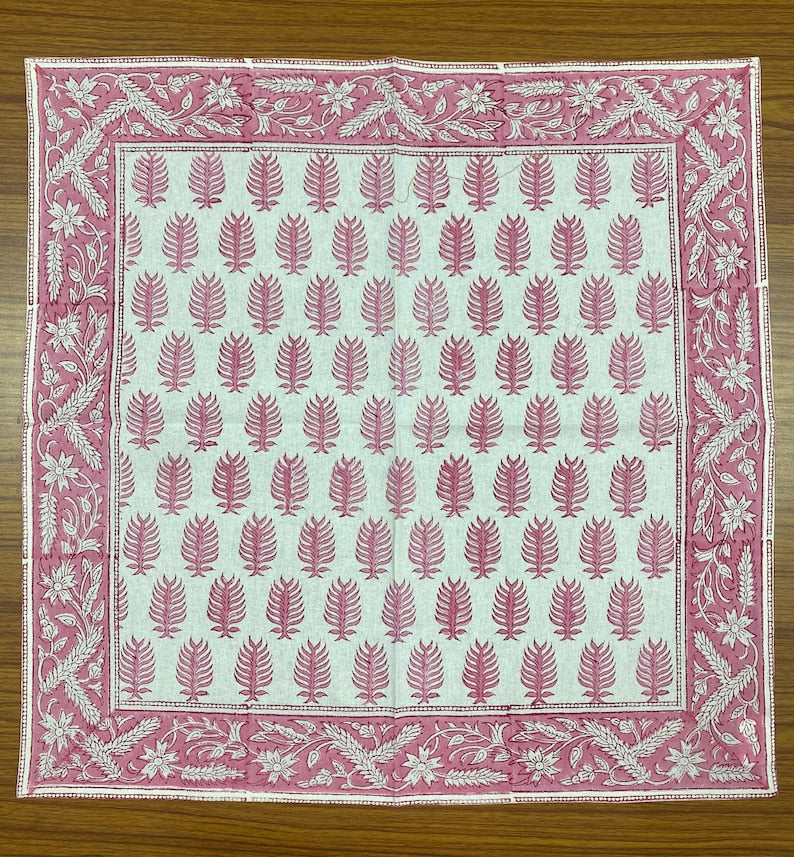 Taffy Pink Indian Floral Hand Block Printed Cotton Border Napkins Size 20x20"