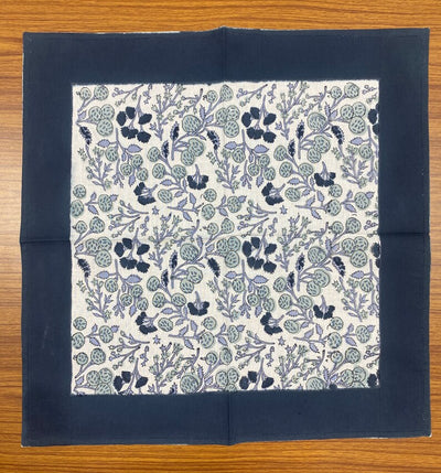 Fabricrush Denim and Baby Blue Indian Floral Hand Block Printed Cotton Cloth Border Napkins Size 20x20" Wedding Events Home Decor Restaurant