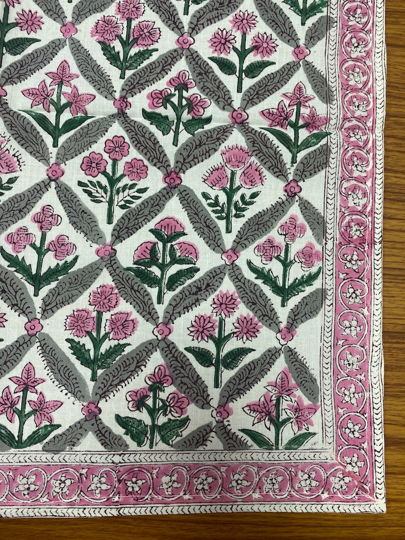 Watermelon Pink, Floral Hand Block Printed Cotton Border Napkins Size 20x20"