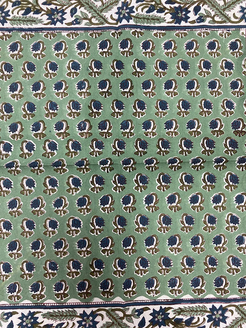 Basil Green, Peacock Blue Size Floral 20x20" Hand Block Print Cotton Cloth Napkins