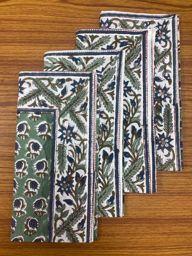 Fabricrush Basil Green, Peacock Blue Indian Floral Hand Block Print Cotton Cloth Napkins Size 20x20" Set of 4,6,12,24,48 Wedding Events Home Party Gift