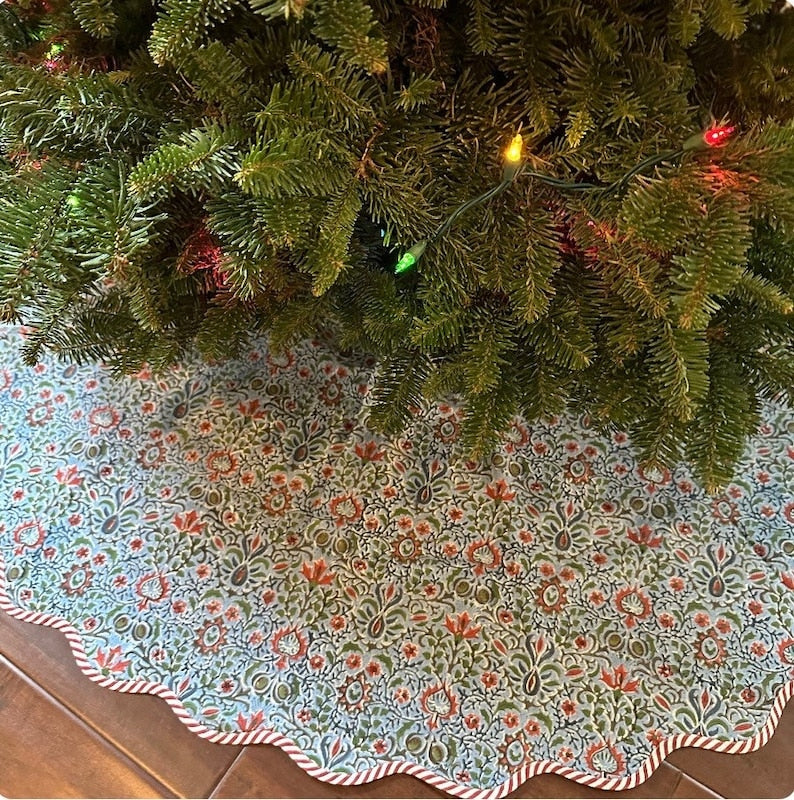 Fabricrush Indian Floral Hand Block Printed Piping Scallops Cotton Cloth Christmas Tree Skirt, Farmhouse Outdoor Home House Christmas Decor Unique Gift