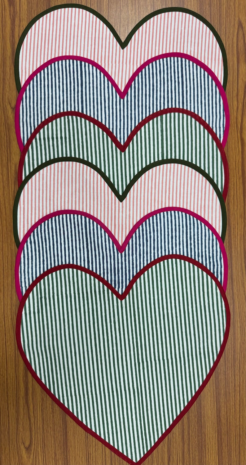 Fabricrush Mats, Valentine Love Heart Shape Indian Hand Block Stripes Printed Cotton Cloth Placemats, Girlfriend Gift Wedding Home Decor Outdoor Picnic, Gift for her, gifts