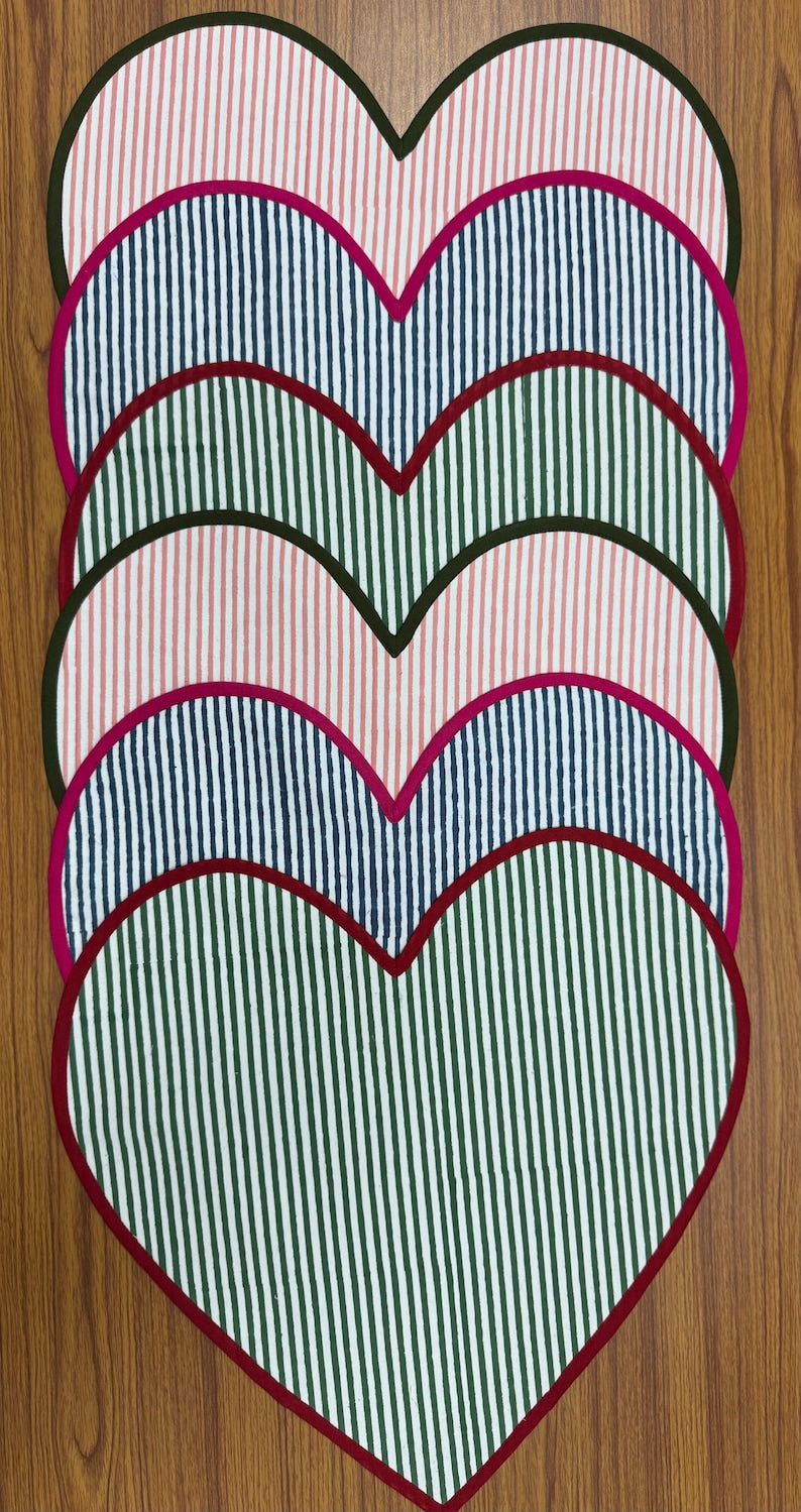 Fabricrush Mats, Valentine Love Heart Shape Indian Hand Block Stripes Printed Cotton Cloth Placemats, Girlfriend Gift Wedding Home Decor Outdoor Picnic