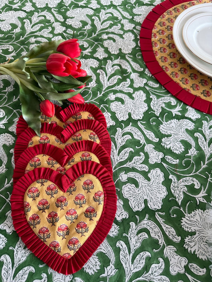 Fabricrush India Hand Block Printed Fabric Heart Shape Pure Cotton Coasters 7" for Coffee Mugs, Coffee Tables, Restaurants, Homes, Valentine's day, Spring, Easter