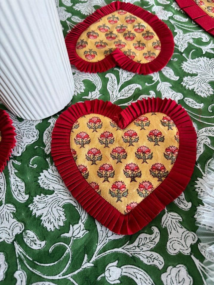 Fabricrush India Hand Block Printed Fabric Heart Shape Pure Cotton Coasters 7" for Coffee Mugs, Coffee Tables, Restaurants, Homes, Valentine's day, Spring, Easter