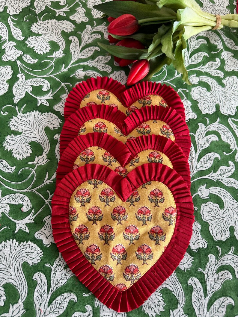 Fabricrush India Hand Block Printed Fabric Heart Shape Pure Cotton Coasters 7" for Coffee Mugs, Coffee Tables, Restaurants, Homes, Valentine's day, Spring, Easter