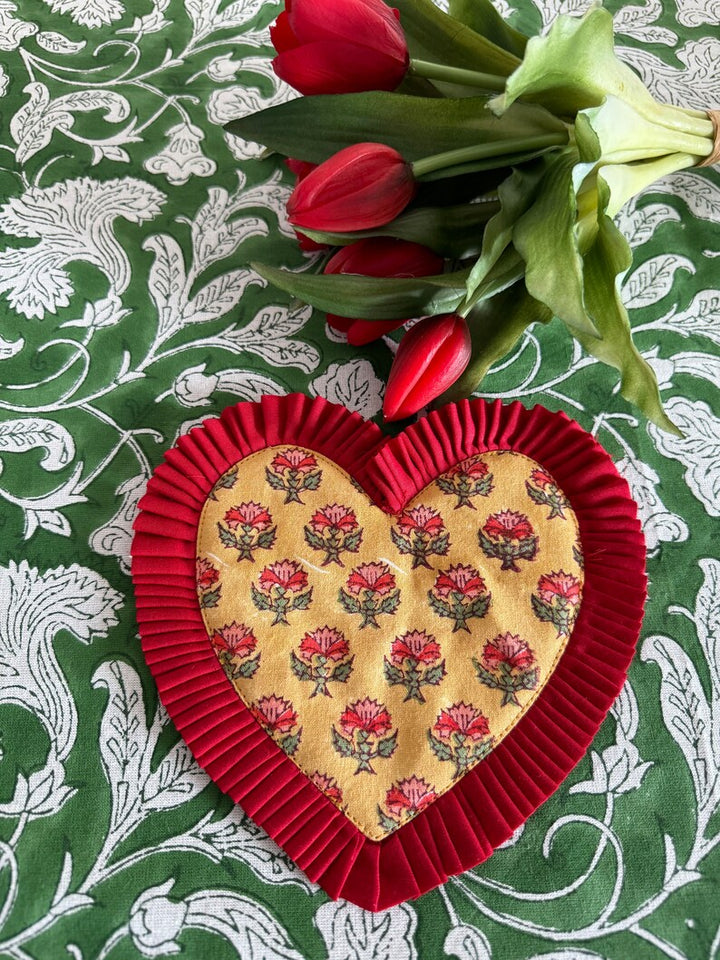 Fabricrush India Hand Block Printed Fabric Heart Shape Pure Cotton Coasters 7" for Coffee Mugs, Coffee Tables, Restaurants, Homes, Valentine's day, Spring, Easter