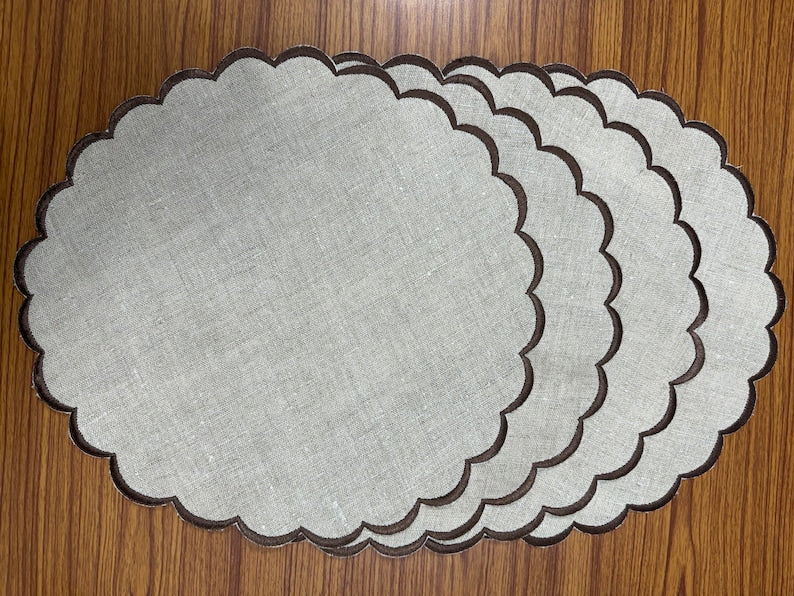 Fabricrush Mats Pure Linen Round Placemats with Embroidery for Girlfriend Gift, Wedding, Home Decor, Room Decor, Restaurant, Outdoor, Picnic, Farmhouse