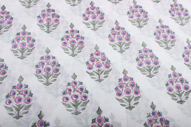 Fabricrush Rudy Blue Pink and Green Indian Floral Block Printed Cotton Cloth for Dress Bags Women's Clothing, Valentine's day, Spring, Easter