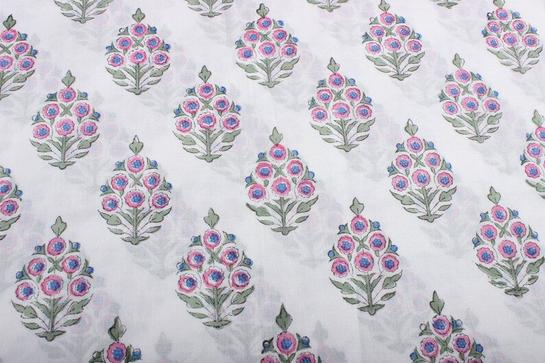 Fabricrush Ruddy Blue Pink and Green Indian Floral Block Printed Cotton Cloth for Dress Bags Women's Clothing