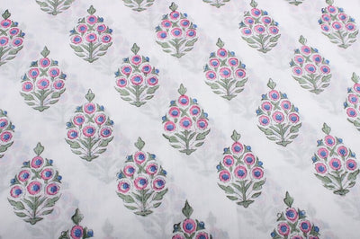 Fabricrush Ruddy Blue Pink and Green Indian Floral Block Printed Cotton Cloth for Dress Bags Women's Clothing