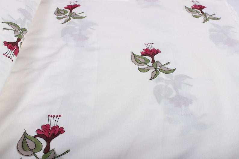 Fabricrush Alabama Crimson Fuchsia Floral Block Printed Cotton Fabric for Bags Women's Clothing