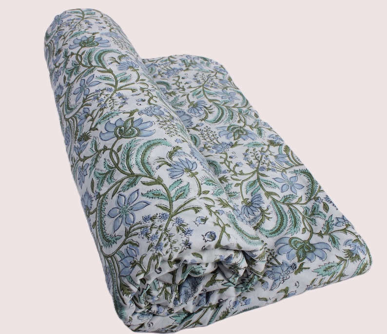 Columbia Blue Hand-Block Printed Cotton Cloth