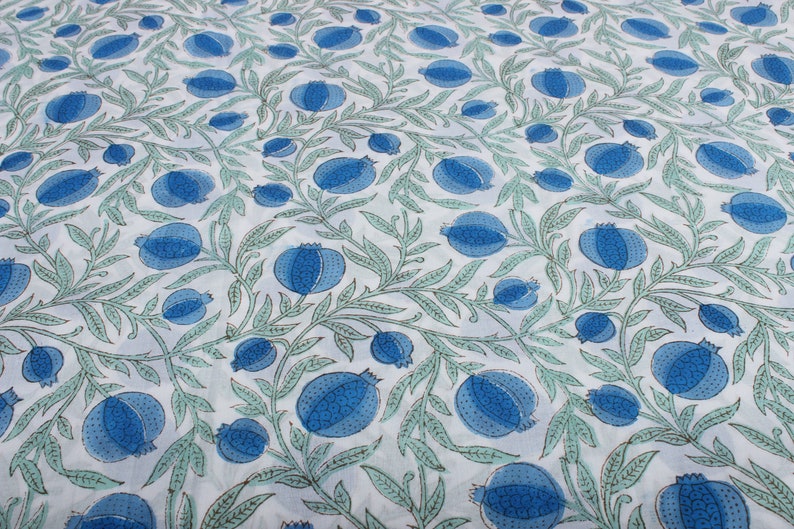 Fabricrush Queen Blue Celadon Green Indian Floral Block Printed Cotton Cloth for Gift Dress Bags Womens Clothing Cushions Curtains