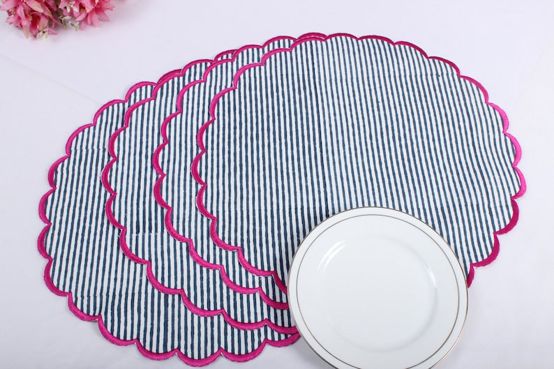 Fabricrush Mats, Stripes Hand Block Printed and Embroidered Cotton Cloth Table Mats, Sustainable Handmade Placemats, Home Decor
