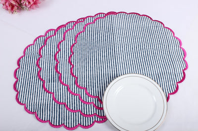Fabricrush Mats, Stripes Hand Block Printed and Embroidered Cotton Cloth Table Mats, Sustainable Handmade Placemats, Home Decor