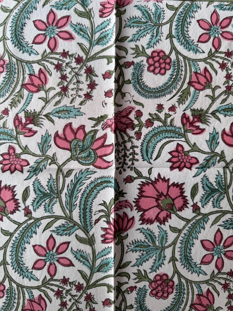 Border Napkins, Tulip Pink and Mint Green Indian Floral Hand Block Printed Cotton Cloth Napkins Size 20x20" Set of 4,8,12,24,48 for  Wedding