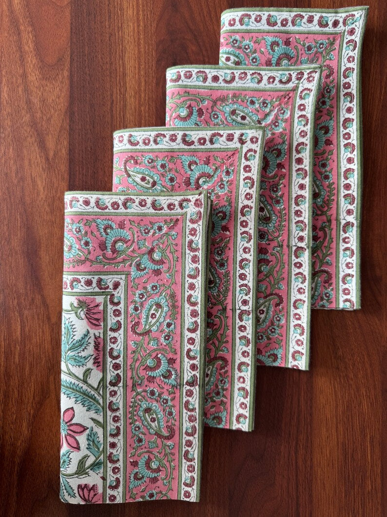 Border Napkins, Tulip Pink and Mint Green Indian Floral Hand Block Printed Cotton Cloth Napkins Size 20x20