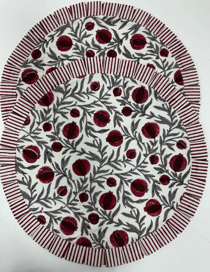 Fabricrush Mats, Round  Shape Sangria Red Indian Hand Block Floral Printed Cotton Placemats, Gifts Wedding Home Decor Outdoor Picnic, Gift for her, Valentine's day, Spring, Easter