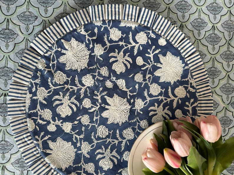 Fabricrush Mats, Round shape  Indian Hand Block Floral Printed Cotton Round Placemats, Girlfriend Gift Wedding Home Decor Outdoor Picnic