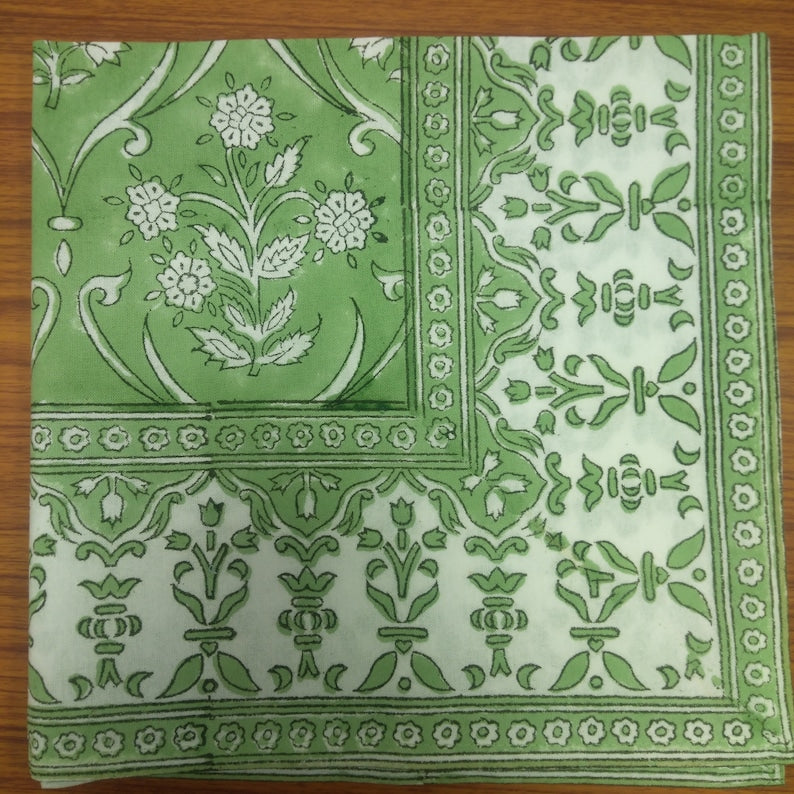 Pear Green Indian Floral Hand Block Printed Cotton Cloth Napkins Size 20x20