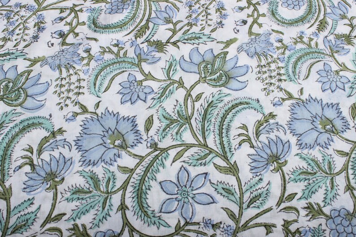 Fabricrush Columbia Blue Turquoise Green Indian Floral Block Printed Cotton Cloth Fabric for Gift Dress Bags Women's Clothing, Valentine's day, Spring, Easter