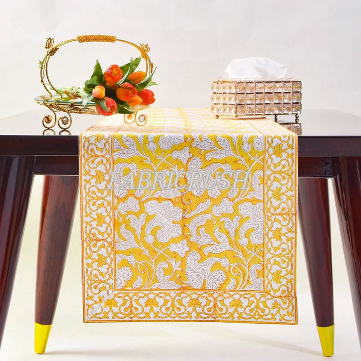 Fabricrush Saffron Yellow and Off White Indian Floral Printed Cotton Cloth Table Runners Border Design, Wedding Events Home Decor Party Console Office