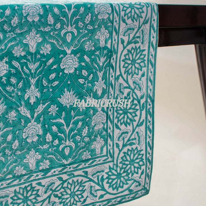 Fabricrush Teal and White Indian Floral Hand Block Printed 100% Pure Cotton Cloth Table Runner for Weddings Home Decor