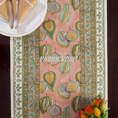 Fabricrush Salmon Pink, Green, Yellow Indian Floral Hand Block Printed Pure Cotton Cloth Table Runner for Wedding Home Decor Garden Outdoor Cafe Bar