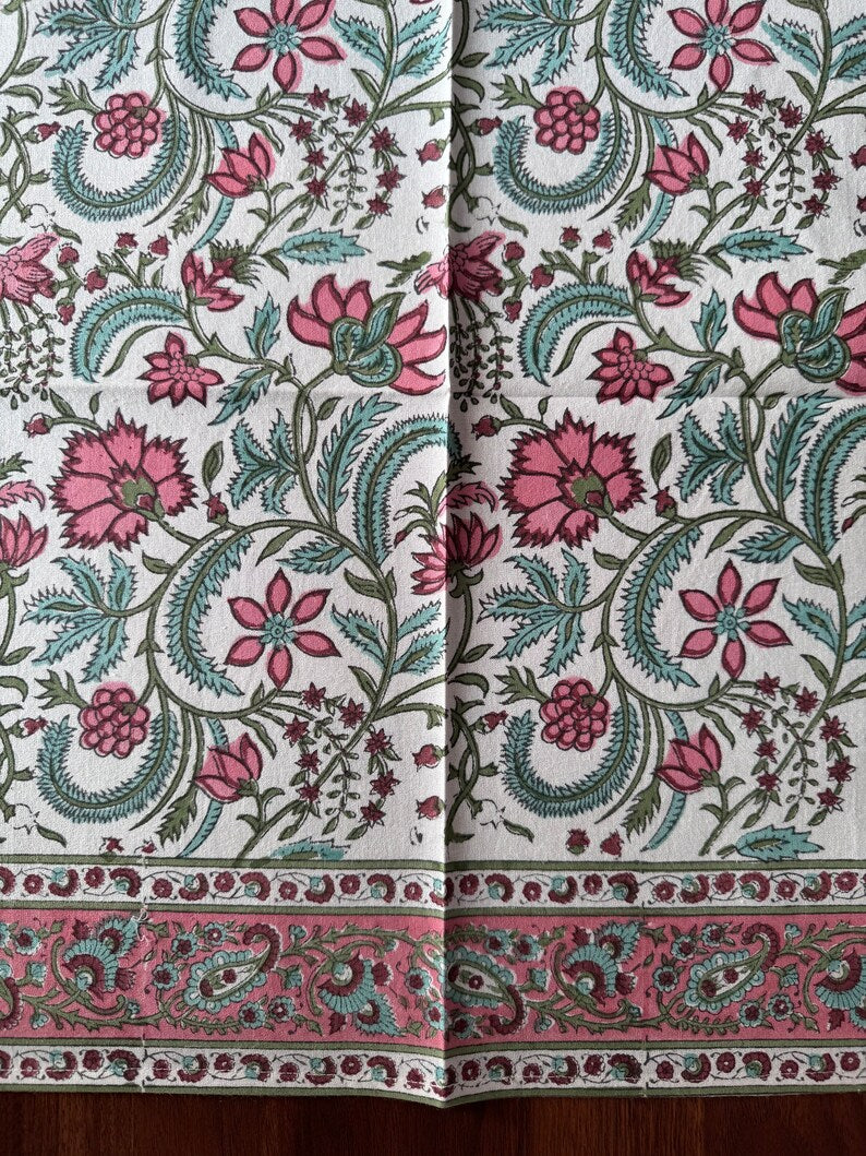 Border Napkins, Tulip Pink and Mint Green Indian Floral Hand Block Printed Cotton Cloth Napkins Size 20x20" Set of 4,8,12,24,48 for  Wedding