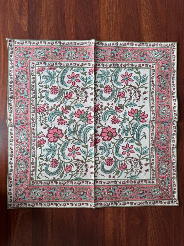 Border Napkins, Tulip Pink and Mint Green Indian Floral Hand Block Printed Cotton Cloth Napkins Size 20x20" Set of 4,8,12,24,48 for  Wedding