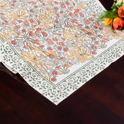 Fabricrush Canary Yellow, Mint Green Indian Floral Hand Block Printed Pure Cotton Cloth Table Runner for Wedding Events Home Decor Party Garden Picnic