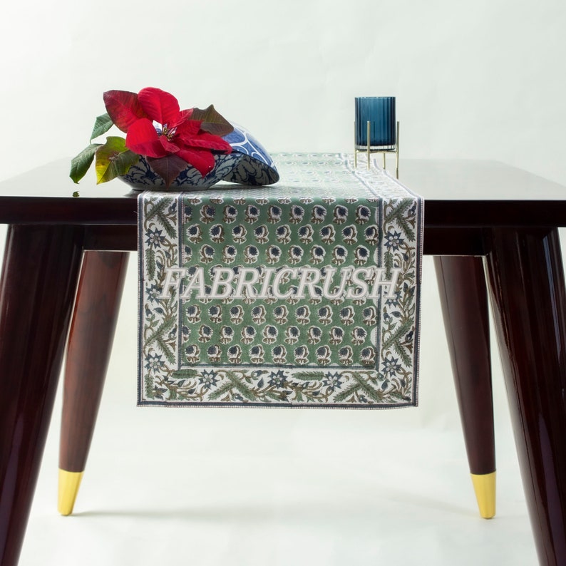 Basil Green Cotton Border Table Runners