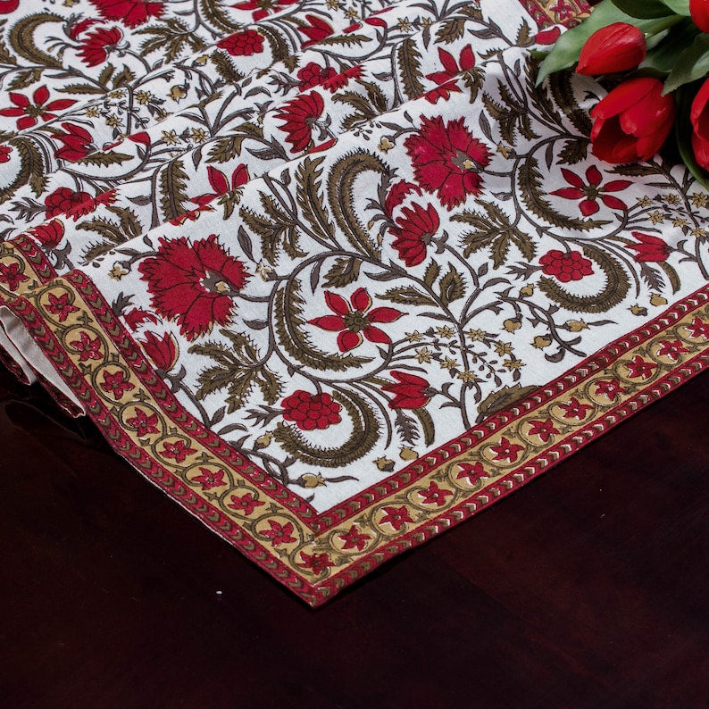 Fabricrush Prune Red, Army Green Indian Floral Printed 100% Pure Cotton Cloth Table Runners, Wedding Home Party Decor Farmhouse Restaurant Side Table