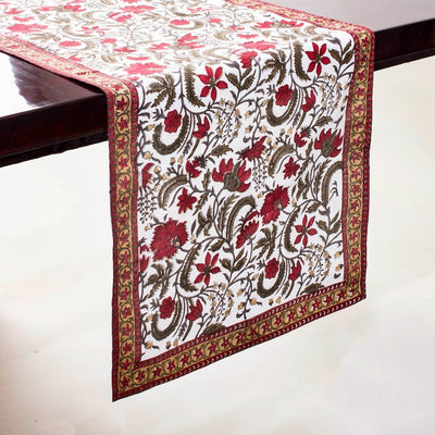 Fabricrush Prune Red, Army Green Indian Floral Printed 100% Pure Cotton Cloth Table Runners, Wedding Home Party Decor Farmhouse Restaurant Side Table