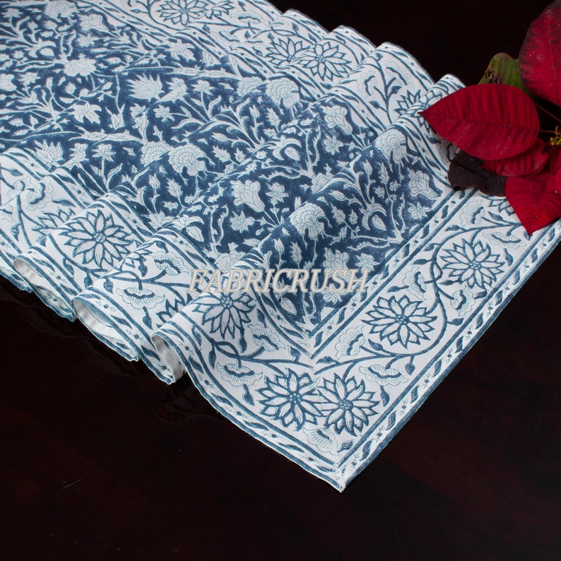 Fabricrush Blue and White Indian Floral Hand Block Printed Pure Cotton Cloth Table Runners Wedding Events, Home Decor, Parties Birthday, Console Gift, Gift for Her