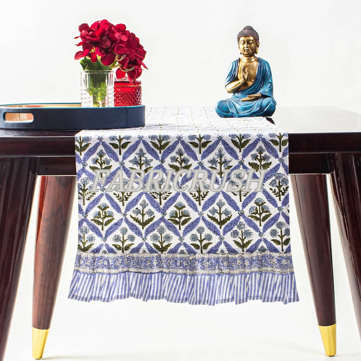 Fabricrush Light Steel Blue, Olive Green Indian Floral Printed Cloth Table Runner with Ruffle