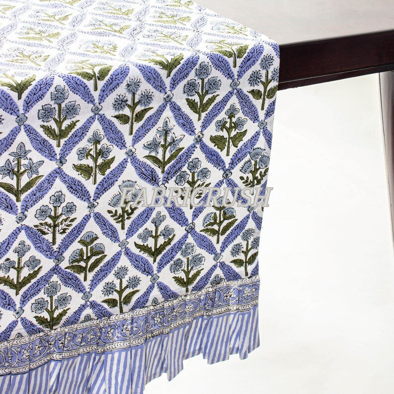 Fabricrush Light Steel Blue, Olive Green Indian Floral Printed Cloth Table Runner with Ruffle