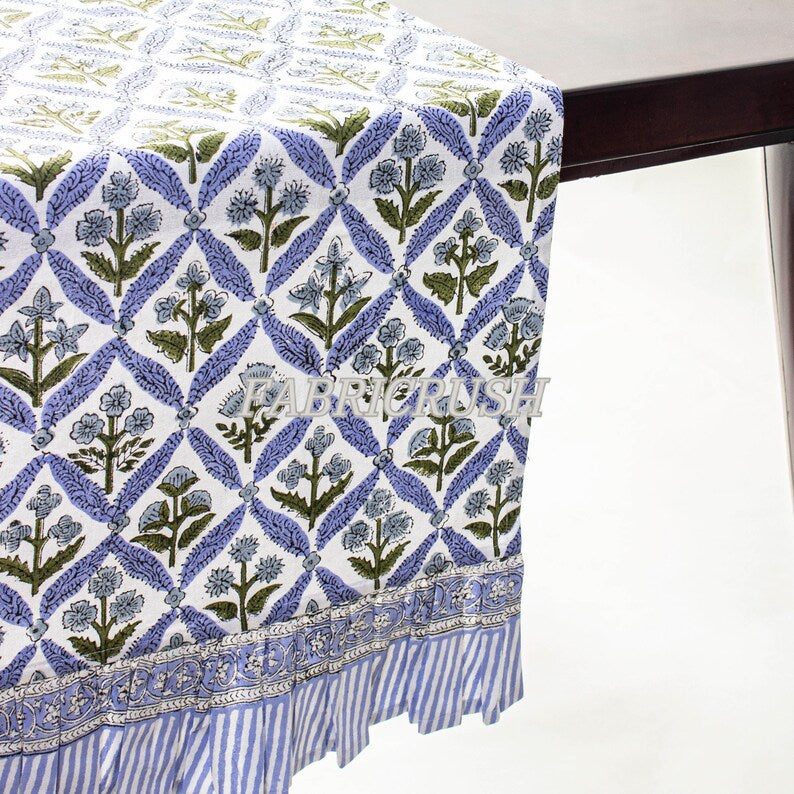 Fabricrush Light Steel Blue, Olive Green Indian Floral Printed Cloth Table Runner with Ruffle For Wedding Events Home Decor Parties Console Birthday