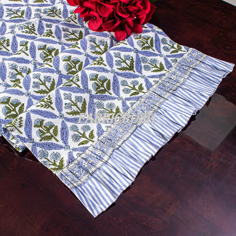 Fabricrush Light Steel Blue, Olive Green Indian Floral Printed Cloth Table Runner with Ruffle For Wedding Events Home Decor Parties Console Birthday