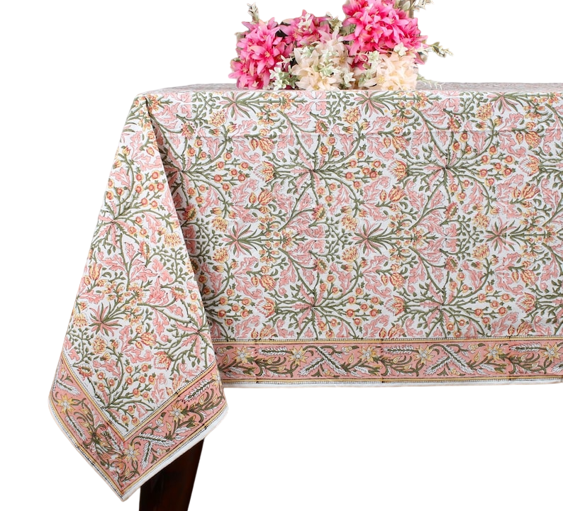 Fabricrush Tablecloth, Sassy and Salmon Pink Indian Hand Block Floral Printed Cotton Table Cover, Table Top, French Tablecloth