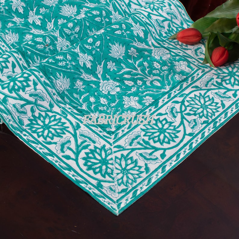 Fabricrush Teal and White Indian Floral Hand Block Printed 100% Pure Cotton Cloth Table Runner for Weddings Home Decor