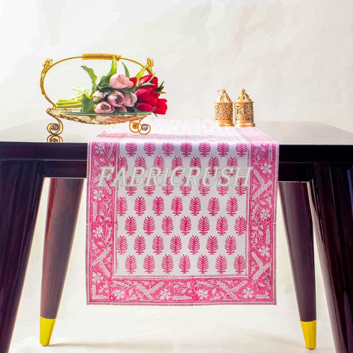 Fabricrush Taffy Pink Leaves Print Indian Hand Block Floral Printed Cotton Cloth Table Runner Wedding Events Home Decor Farmhouse Console Birthday Gift