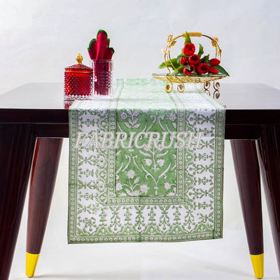 Fabricrush Pear Green and White Indian Floral Hand Block Floral Printed Pure Cotton Cloth Table Runner for wedding Home Decor Room Outdoor Garden Gifts