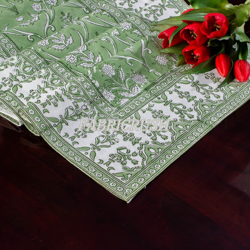 Fabricrush Pear Green and White Indian Floral Hand Block Floral Printed Pure Cotton Cloth Table Runner for wedding Home Decor Room Outdoor Garden Gifts