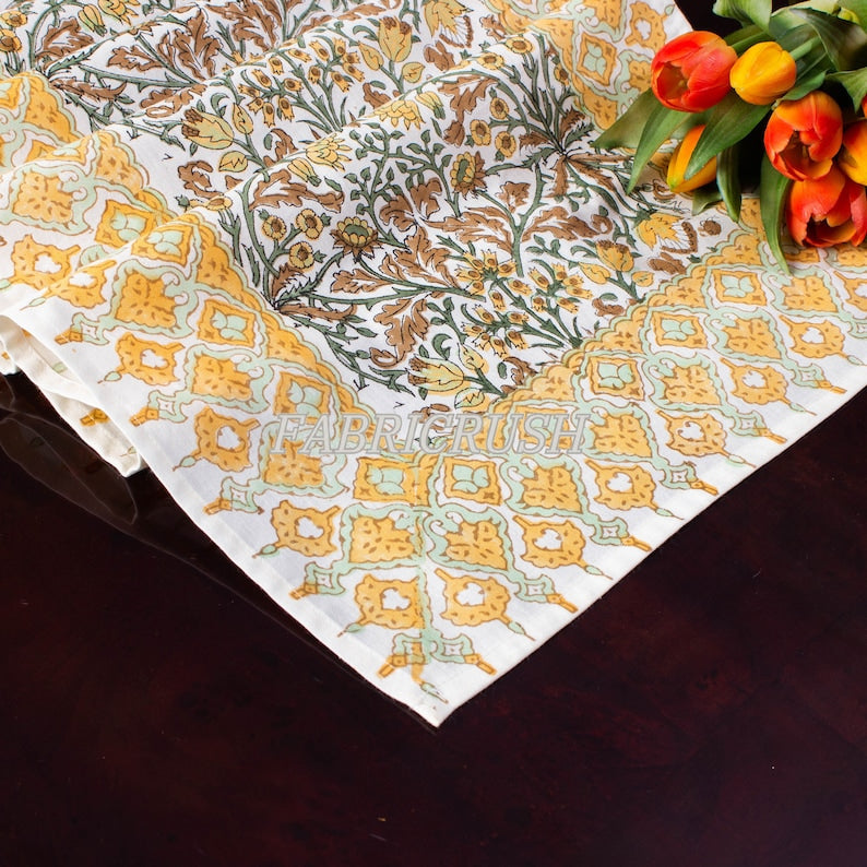 Fabricrush Goldenrod Yellow, Fern Green, Peanut Brown Indian Floral Hand Block Printed Cotton Table Runner, Wedding Decor, Gift for her