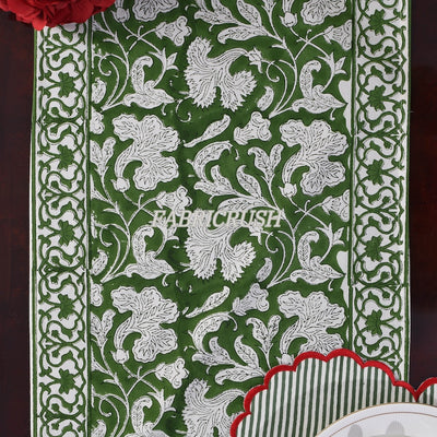 Fabricrush Pantone Artichoke Indian Hand Block Floral Printed Pure Cotton Cloth Table Runner for Wedding Home Decor Room Farmhouse Outdoor Garden Gift